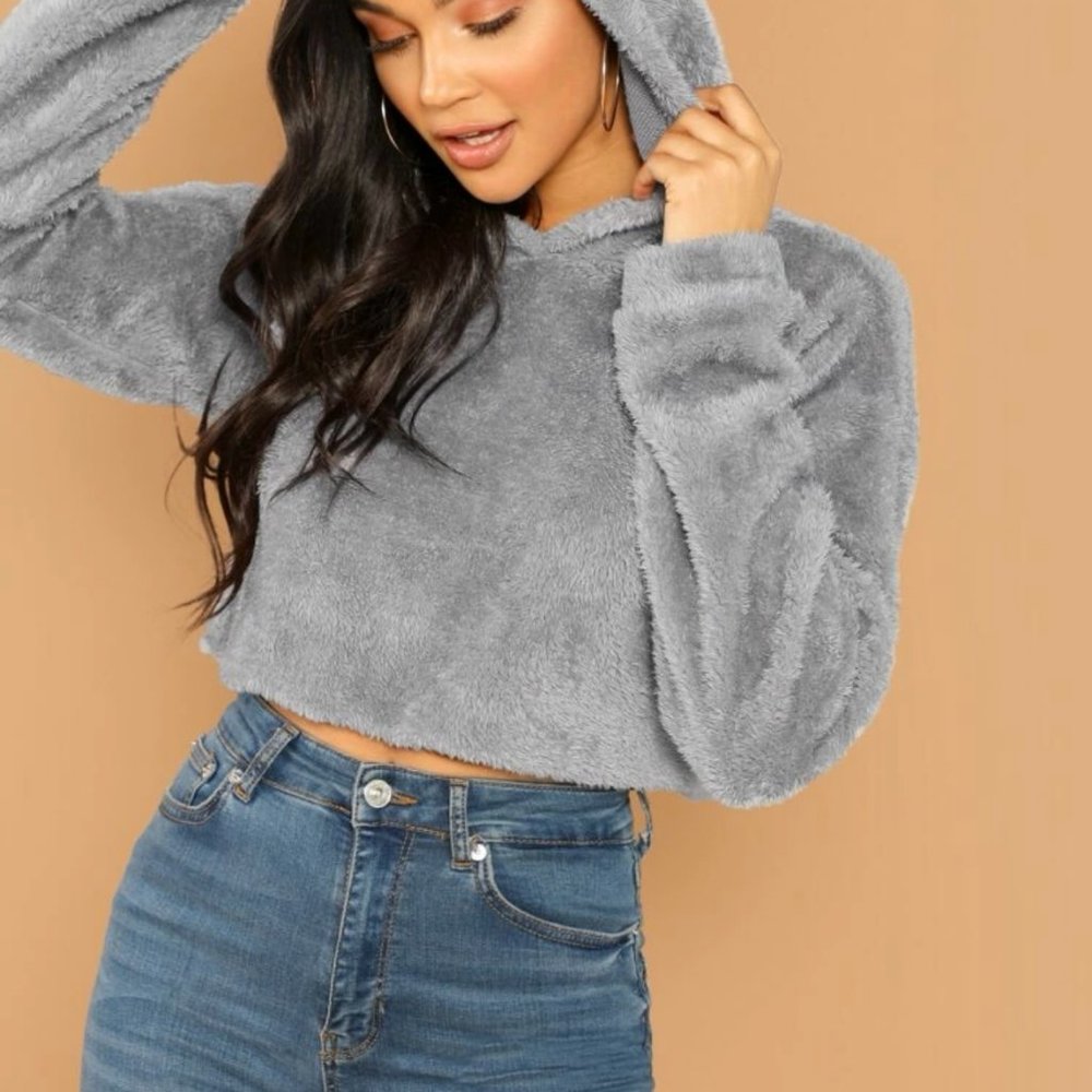drop shoulder solid teddy hoodie